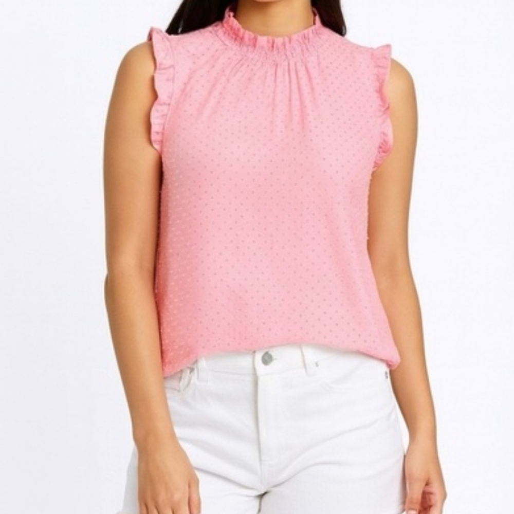 J.Crew Factory Pink Swiss Dot Smocked Ruffle Neck Tank - XL